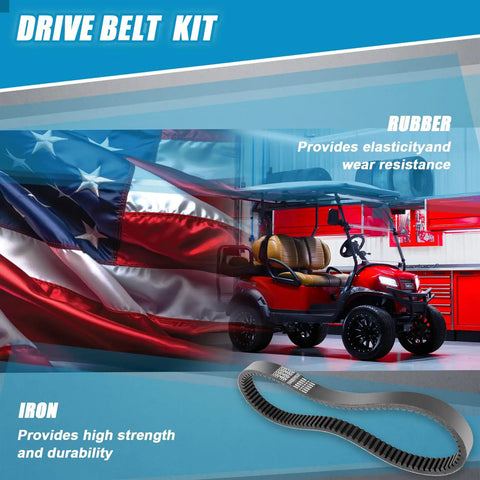 Durable Drive And Starter Belts Kit For EZGO Golf Carts showing red cart with rubber and iron materials emphasized