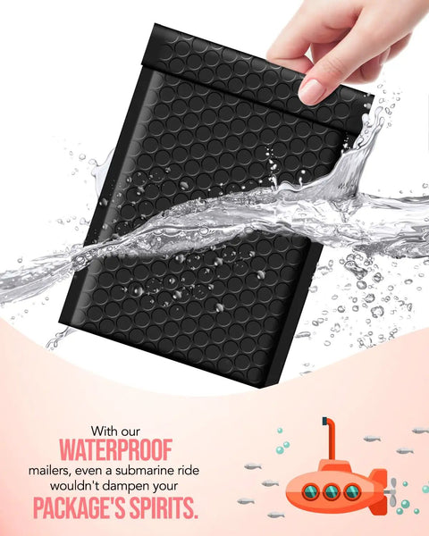 Hand holding black bubble mailer under water, showcasing waterproof feature for Black Bubble Mailers 4x8 Inches Self-Sealing Padded Envelopes.