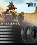 ATV riding on rocky terrain with a set of four all terrain ATV UTV tires 25x8-12 front and 25x10-12 rear visible.