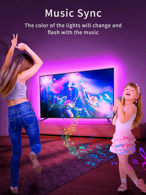 LED Backlight for 32 To 45 Inch TVs 9.84 Feet RGB Strip Lights With Remote Bluetooth App Control creating music sync effects in room