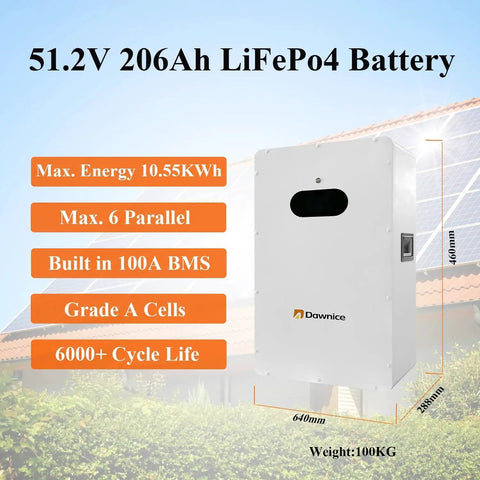 51.2V 206Ah LiFePo4 Battery for Heavy Duty Off Grid Solar Kit, dimensions shown, energy specifications visible.