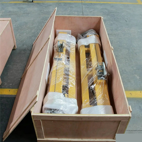 Electric Motorized Telescopic Mast 6.5M Aluminum Broadcast Antenna Pole packed in wooden crate, securely wrapped for shipping.