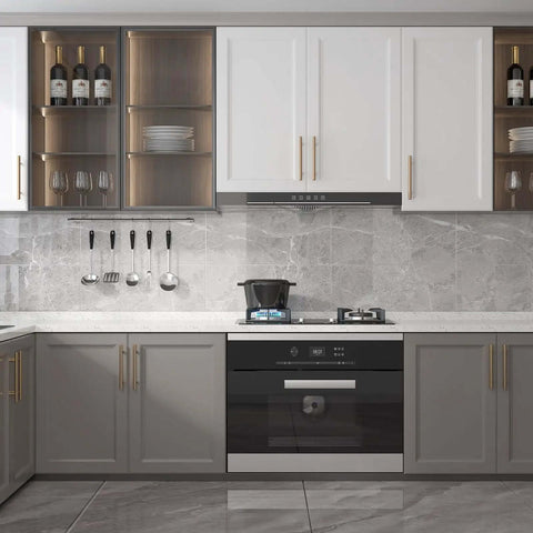 Modern kitchen with grey cabinets featuring 15 Pack 3 Inch Champagne Bronze Cabinet Handles For Kitchen Cabinets, Drawer Pulls And Dresser Drawers
