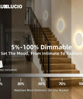 LUXLUCIO Hardwired 9" Round Backlit White Modern Indoor LED Wall Sconce illuminating stairway with dimming feature.