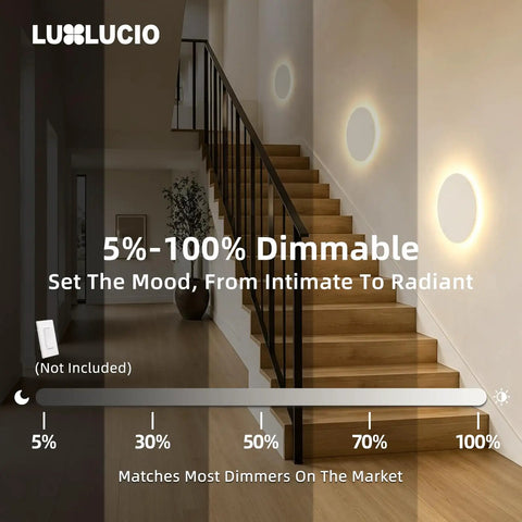 LUXLUCIO Hardwired 9" Round Backlit White Modern Indoor LED Wall Sconce illuminating stairway with dimming feature.