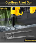 Heavy Duty Cordless Rivet Gun Real Deal Electric Fastener Tool With Brushless Motor And Stopper Set For Auto Body Repair And Metal Fabrication No Hassle Shop Staple Bare Tool Only, close-up of gun on steel.
