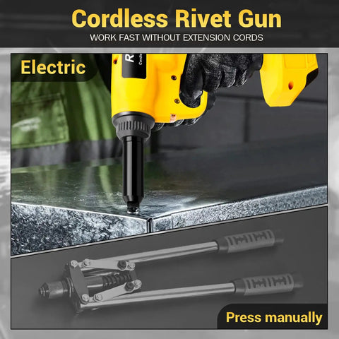 Heavy Duty Cordless Rivet Gun Real Deal Electric Fastener Tool With Brushless Motor And Stopper Set For Auto Body Repair And Metal Fabrication No Hassle Shop Staple Bare Tool Only, close-up of gun on steel.