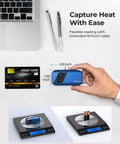 Person holding TC001 Plus Pro Grade Thermal Camera For Android With 512 X 384 Super IR Resolution And 256 X 192 IR Resolution, Dual Lens Imaging For Smartphones And Tablets And PC, 100W Visible Light Lens, Not For iOS, showing size comparison with credit card and batteries.