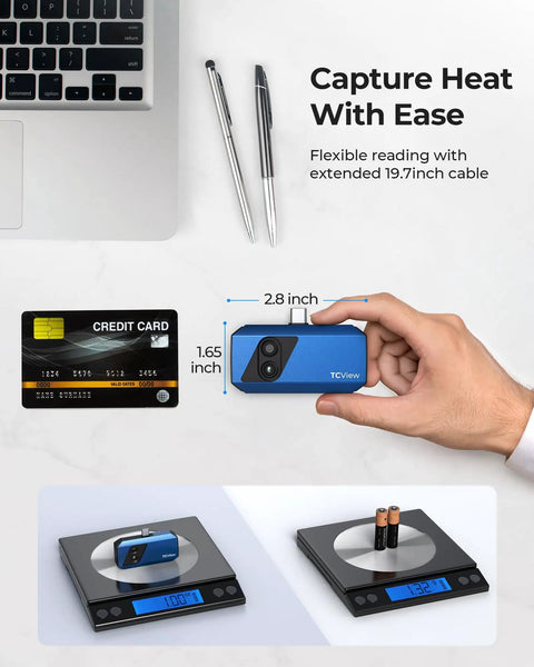Person holding TC001 Plus Pro Grade Thermal Camera For Android With 512 X 384 Super IR Resolution And 256 X 192 IR Resolution, Dual Lens Imaging For Smartphones And Tablets And PC, 100W Visible Light Lens, Not For iOS, showing size comparison with credit card and batteries.