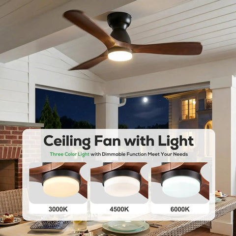 52 Inch Smart Flush Mount Low Profile Outdoor Ceiling Fan With Lights Dope Quiet DC Motor Alexa Built In App Remote Control Six Speed Dimmable Three Wood Blades For Patio Dark Walnut on covered patio at night