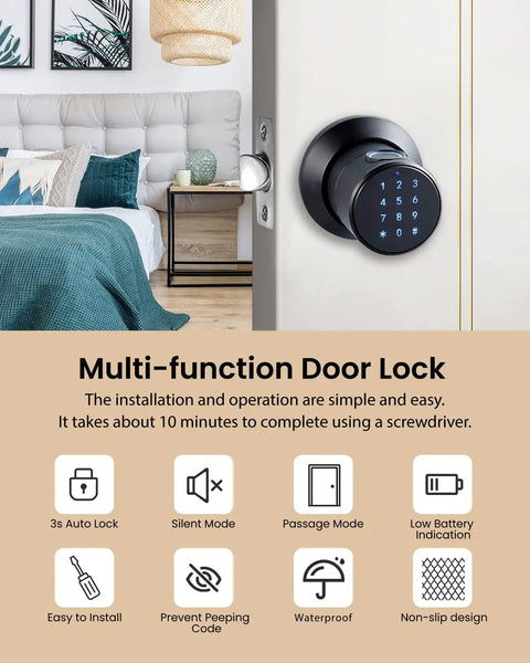 3 In 1 Smart Door Knob With Big Fingerprint Sensor And Keypad installed on bedroom door, showing keypad and room interior