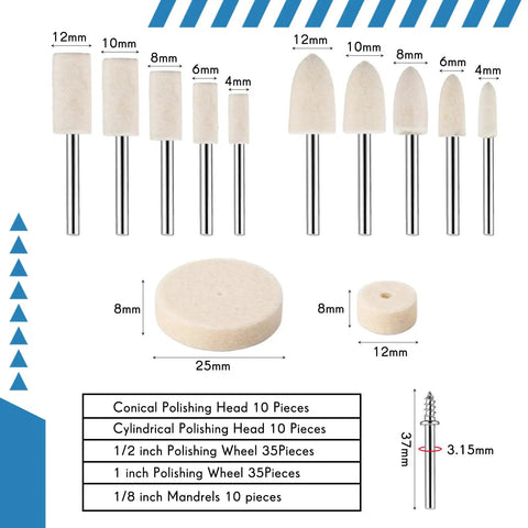 133 Pieces Polishing Kit For Rotary Tools With 180 To 2000 Grit Sanding Drums And Sleeves Buffing Wheels And Polishing Bits, dimensions shown.