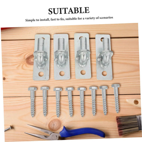 Four Pack Heavy Duty Wall Mount Gate Hinges With Included Mounting Screws Rock Solid Offset Swing Farm Barn Fence Hardware Built Tough With Straight Up Reliable Performance Always on wooden surface with screws and pliers.