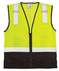 Boss Level Hi Vis Reflective Safety Vest Built Different To Keep You On Point All Shift Long With Durable Zipper Closure And Smart Black Bottom Mesh Panels For Road Work Projects. Bright yellow vest with black bottom and zipper closure.