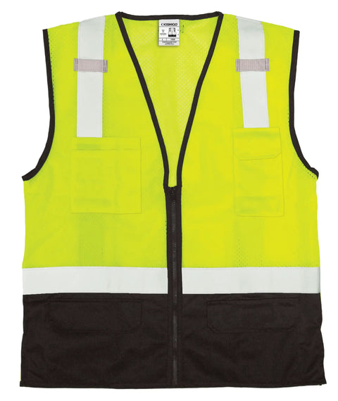 Boss Level Hi Vis Reflective Safety Vest Built Different To Keep You On Point All Shift Long With Durable Zipper Closure And Smart Black Bottom Mesh Panels For Road Work Projects. Bright yellow vest with black bottom and zipper closure.