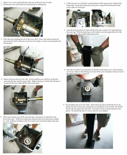 Step-by-step installation of Replacement Rod And Nut Kit For 12,000 Pound Ram Pro Series Square Trailer Jacks showing parts and tools.