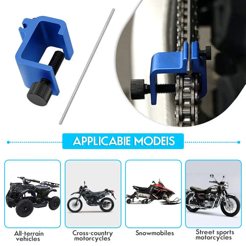 Rugged Chain Alignment Tool for Motorcycles and ATVs, blue clamp mount on sprocket, fits most bikes and quads for smooth ride