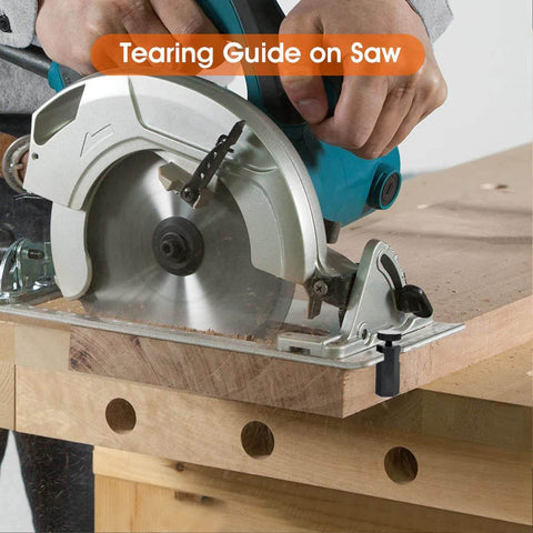 Circular saw cutting wood with tearing guide instruction, close-up of hands operating the saw on a workbench