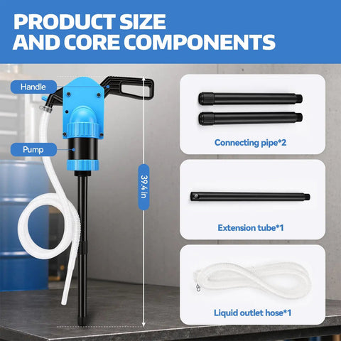 No Sweat Manual Lever Drum Pump For 55 Gallon Barrels Heavy Duty Workhorse components including handle, pipes, and outlet hose.