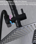 Adjustable arm of Matte Black 2 Handles Tub and Shower Faucet Set With Tub Spout, Valve Included, Dual 2 In 1 System