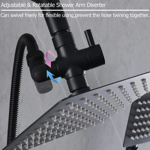 Adjustable arm of Matte Black 2 Handles Tub and Shower Faucet Set With Tub Spout, Valve Included, Dual 2 In 1 System