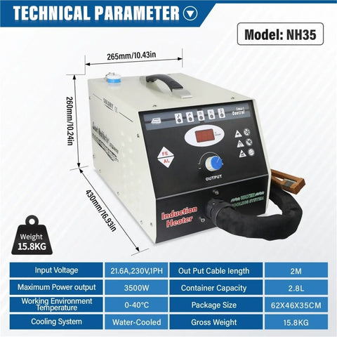 Rock Solid Nh35 15Kw High Frequency Induction Heater Machine with technical parameters and display, compact design for workshop use.