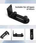 Matte Black Barn Door Floor Guide With Flush Bottom Design, Adjustable Wall Mounted Roller, Rust Resistant Iron, Fits All Door Thickness Up To 2 5/32 Inches, shown in different views