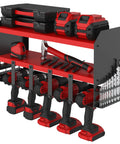 Power Tool Organizer Wall Mount With 5 Drill Slots Storage Rack And Cordless Drill Charging Station Large Garage Tool Storage Shelf For Screwdrivers And Bits Red Pro Grade Heavy Duty with displayed tools.