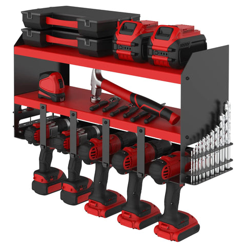 Power Tool Organizer Wall Mount With 5 Drill Slots Storage Rack And Cordless Drill Charging Station Large Garage Tool Storage Shelf For Screwdrivers And Bits Red Pro Grade Heavy Duty with displayed tools.