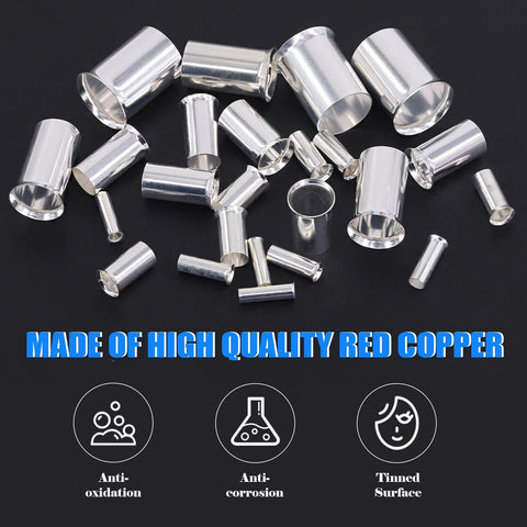 380 Pcs Wire Ferrule Kit With Eight Sizes From AWG 12 To 2/0 Copper Silver Plated Crimp Connectors Non Insulated End Terminals Assortment