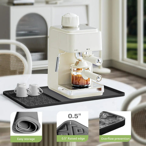 Raised Edges Silicone Coffee Mat 19 By 12 Inches Waterproof Countertop Protector with espresso machine and cups