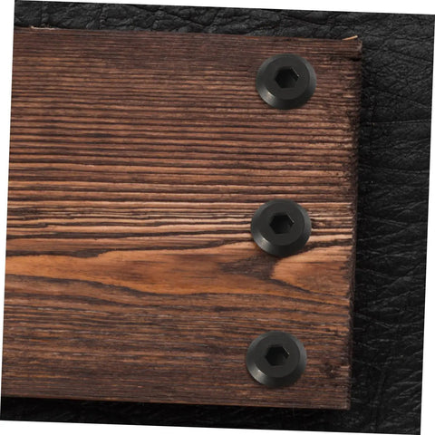5 Sets M6 Chicago Screws Stainless Steel Barrel Nuts Hex Socket Binding Posts mounted on wood and leather background.