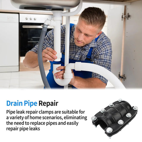 Pipe repair clamp kit installed on PVC drain pipe under kitchen sink; 1-1/4 in (32 mm) clamp for emergency leak repair.