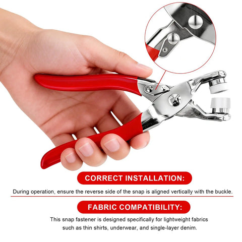 Person holding a red-handled 10mm fastener plier from Dope Pearl Snap Button Kit With 400 Pieces And 10 mm Fastener Plier With 5 Prong Fasteners For DIY Clothing Hats Bags Sewing Crafts Repair And Apparel Making In White Great For Hats Bags And Clothing Repairs And Other DIY Projects