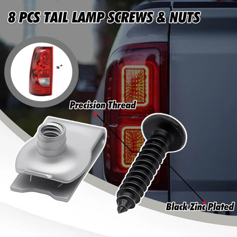 Eight Set Solid As A Rock Black Tail Light Screws And Nuts Top Shelf Replacement Hardware For 1999 To 2022 Chevy Gmc Cadillac Buick Pontiac Zero Hassle Rust Proof Bolt Kit with threaded screw and nut.