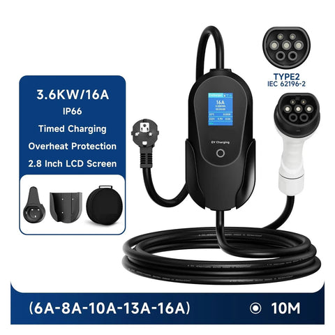 Portable 3600W Electric Vehicle Charger With Type 1 And Type 2 Sae J1772 Connector Wifi Bluetooth Evse Charging Cable road trip ready with LCD screen.