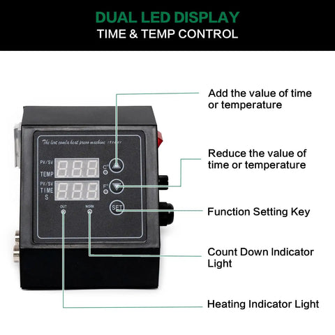 Close-up of dual LED display on 1400W Heat Press Powerhouse With K Type Temperature Controller And LED Time Display 15x15 Inch