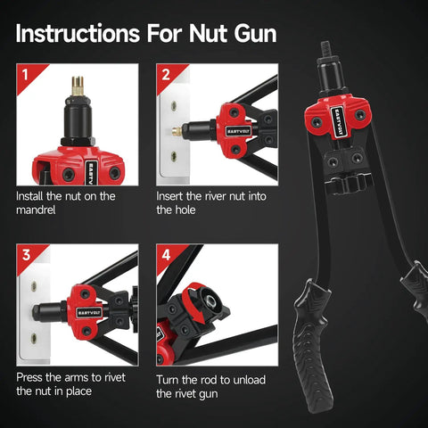 4-step instructions for using 3 In 1 Rivet Nut Tool Kit With 14 Inch Rivet Gun And Six Metric Mandrels M3 M4 M5 M6 M8 M10 Plus Three Metric Bolt Mandrels And Rugged Carrying Case For DIY Auto Body And Metalworking