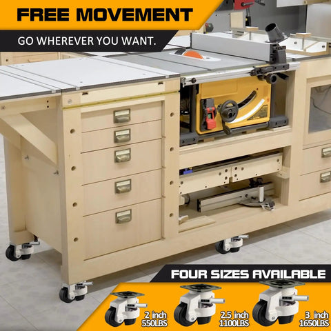 Heavy Duty Adjustable Leveling Casters With Tough Rubber Wheels on workshop cart for smooth rolling and stability.