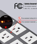Flat Plug Power Strip Workhorse With 6 Outlets And 4 USB Ports image showing fire-resistant materials and FCC safety certification.