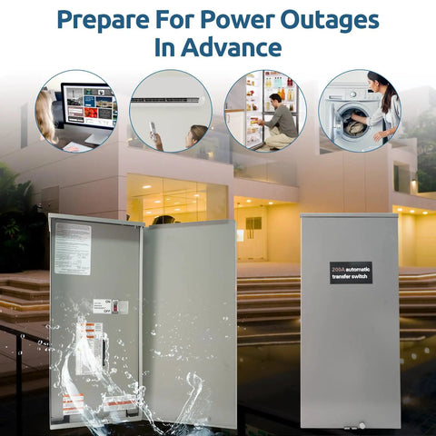 200 Amp Automatic Transfer Switch With Power Management For Whole Home Backup Power, Seamless Outage Switchover, Service Entrance Rated, NEMA 3R Aluminum Enclosure, Heavy Duty Home Load Handling, Easy To Install shown with open cabinet