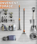 Long Handle Leaf Rake For Lawns With Adjustable Head 61 Inch Heavy Duty Rake Made From High Carbon Steel Tines Zinc Plated For Rust Resistance Ideal For Leaves Cleanup And Yard Work displayed in garage storage