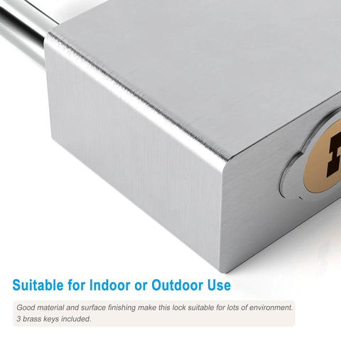 Close-up of Tough As Nails Stainless Steel Padlock With High Security Cylinder And Hardened Shackle, brushed steel finish.