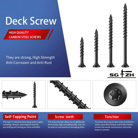 Heavy Duty Exterior Wood Deck Screws Built To Last Tough As Nails One And A Half Inch Flat Head Epoxy Coated Rust Resistant Carbon Steel T25 Star Bit 322 Pieces Pack Two Pound Set For Outdoor Decking And Fence Projects diagram displayed