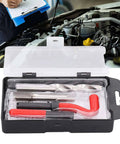 Thread Repair Kit M14x1.5 15 Piece Set With HSS Drill Bit HSS Tap 10 Stainless Steel Thread Inserts Installation Tool And Tang Break Off Tool For Automotive Engine And Machinery Thread Restoration in open box against a car engine backdrop.