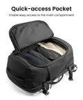 Go-To Travel Backpack 40L with quick-access pocket, showing open compartment with packed clothes and shoes inside.
