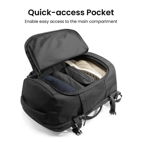 Go-To Travel Backpack 40L with quick-access pocket, showing open compartment with packed clothes and shoes inside.