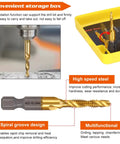 Close-up of 13 Piece Titanium Drill Tap Set With HSS Drill And Tap Bits SAE And Metric Plus Quick Change Adapter in yellow storage box