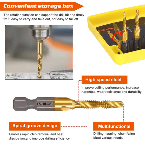 Close-up of 13 Piece Titanium Drill Tap Set With HSS Drill And Tap Bits SAE And Metric Plus Quick Change Adapter in yellow storage box
