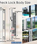 Diagram of Slim Sliding Glass Door Lock With Biometric Fingerprint Remote App Control Keypad And RFID Access Electronic Digital Mortise Smart Lock For Double Hook Patio Sliding Doors 2085 Slim Fit Size Measure Before You Buy For Best Fit with size measurements and installed view images